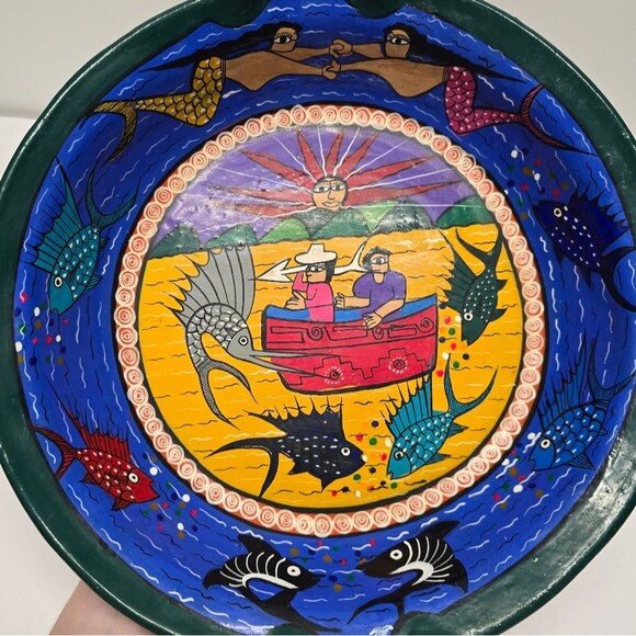 Vintage MEXICAN Ixtapa Terracotta Pottery Folk Art Hand Painted Large Bowl - Picture 3 of 8